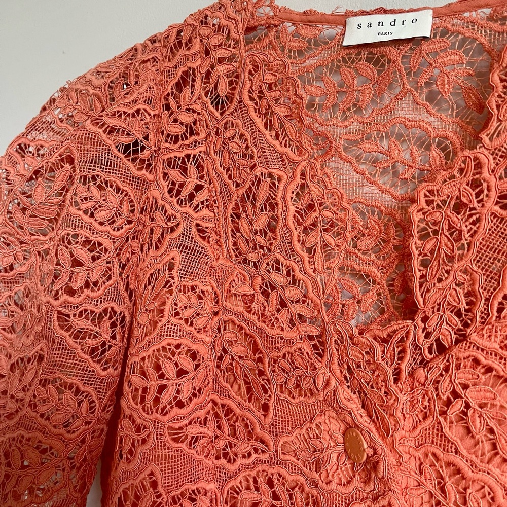 Sandro Lace Summer-Cocktail Coral Puff Sleeves Dress (French brand) - Picture 5 of 10